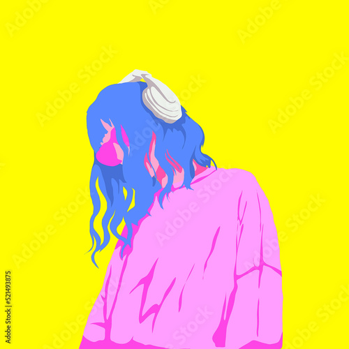 Fashion minimal illustration. Stylish kawaii Dj Girl. Love music concept photo