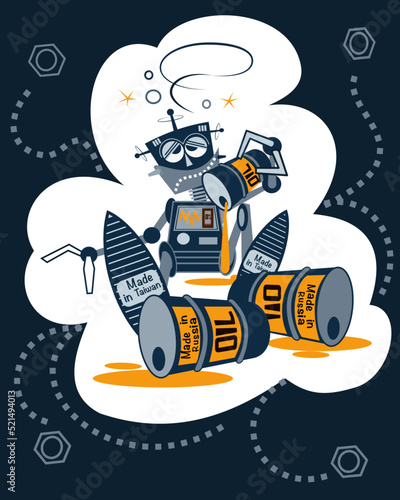 A tired robot with a dead battery. Vector illustration.