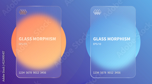 Glass morphism effect. Transparent frosted acrylic bank cards. Orange yellow gradient circles on violet blue background. Realistic glassmorphism matte plexiglass shape. Vector
