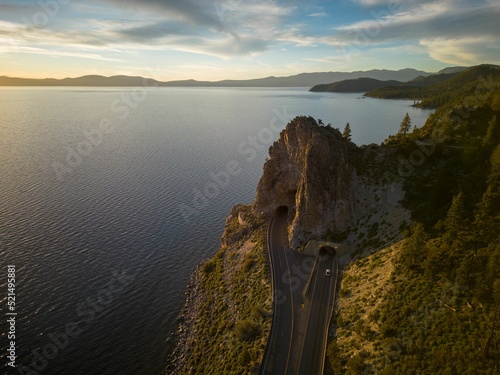 Aerial shot of the Cave Rock at Lake Tahoe in Nevada, USA