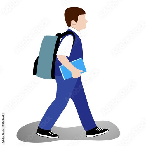 A schoolboy boy with a book and a large briefcase goes to school