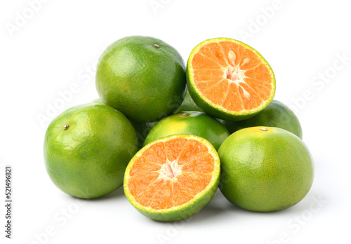 Tangerine orange with cut in half isolated on white background. Clipping path.