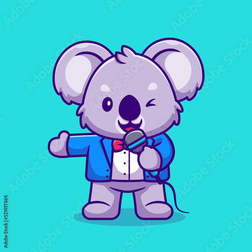 Photography Cute Koala Master of Ceremony Holding Microphone Cartoon 
Vector Icon Illustration