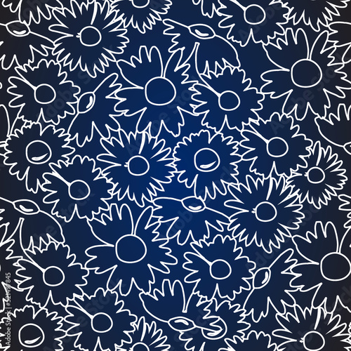 The chamomile flower. Hand-drawn  contours of daisies. Seamless floral texture of Daisy flower on dark blue background, EPS 10, vector.