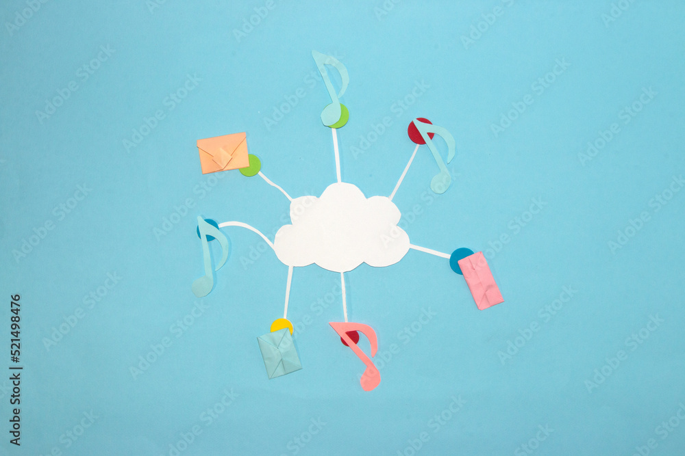 cloud where digital content is read, music and messages are stored in the cloud, creative art design, techno art blue background
