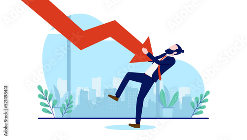 Recession businessman - Investor man falling from red arrow going down in economic collapse and financial crisis. Flat design vector illustration with white background