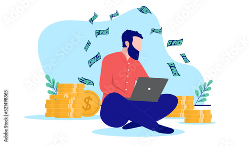 Man making money sitting on floor with computer laptop working online, casual clothes and beard. Flat design vector illustration with white background