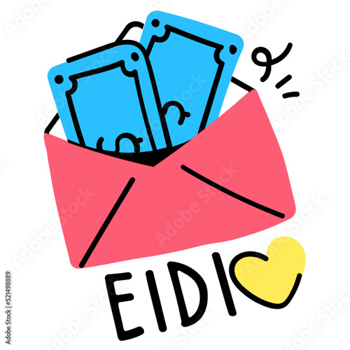 Trendy doodle icon denoting cash prize given on eid