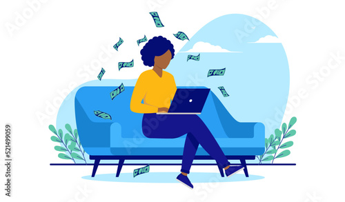 African American woman making money from home online, sitting in sofa with computer in lap. Flat design vector illustration with white background
