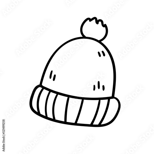 Vector doodle knitted hat with a pompom. Cartoon winter line style element isolated on a white background.