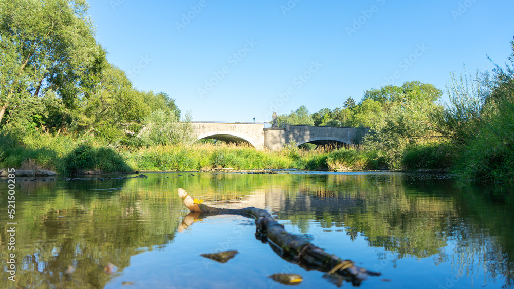 Fluss mit Brücke die sich im Wasser spiegelt und einem Baum im Vordergrund