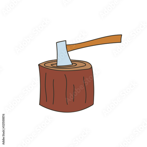Hatchet stuck into a splitting block colorful doodle illustration. An axe stuck in a wooden deck colorful icon