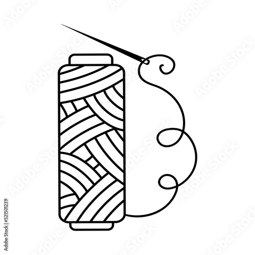 Spool of thread and sewing needle. Hobby in doodle style. Sewing accessories, badge, needlework icon. Vector illustration on an isolated background.