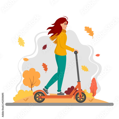 Smiling young woman in warm sweater riding an electric scooter in autumn park. Modern urban eco vehicles. Isolated on white background. Flat design vector illustration