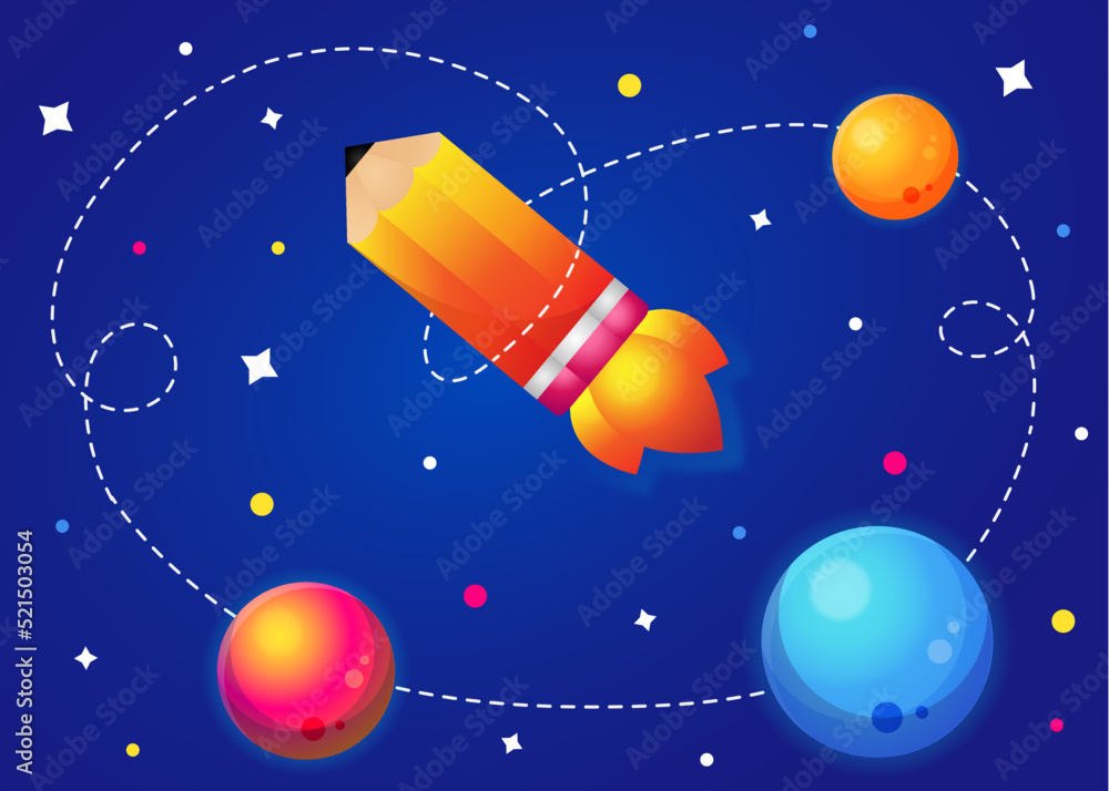 Rocket pencil with planets and stars for school, science and education Rocket pencil with planets and stars for school, science and education
