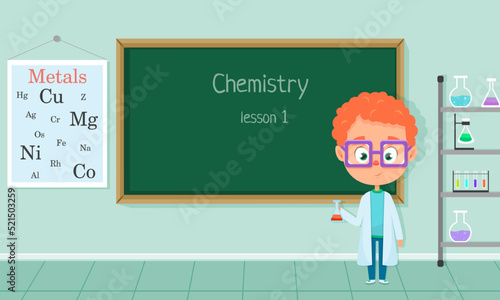 Cartoon boy scientist holding a flask in laboratory. Little chemist. Vector scene for games, apps or web design.