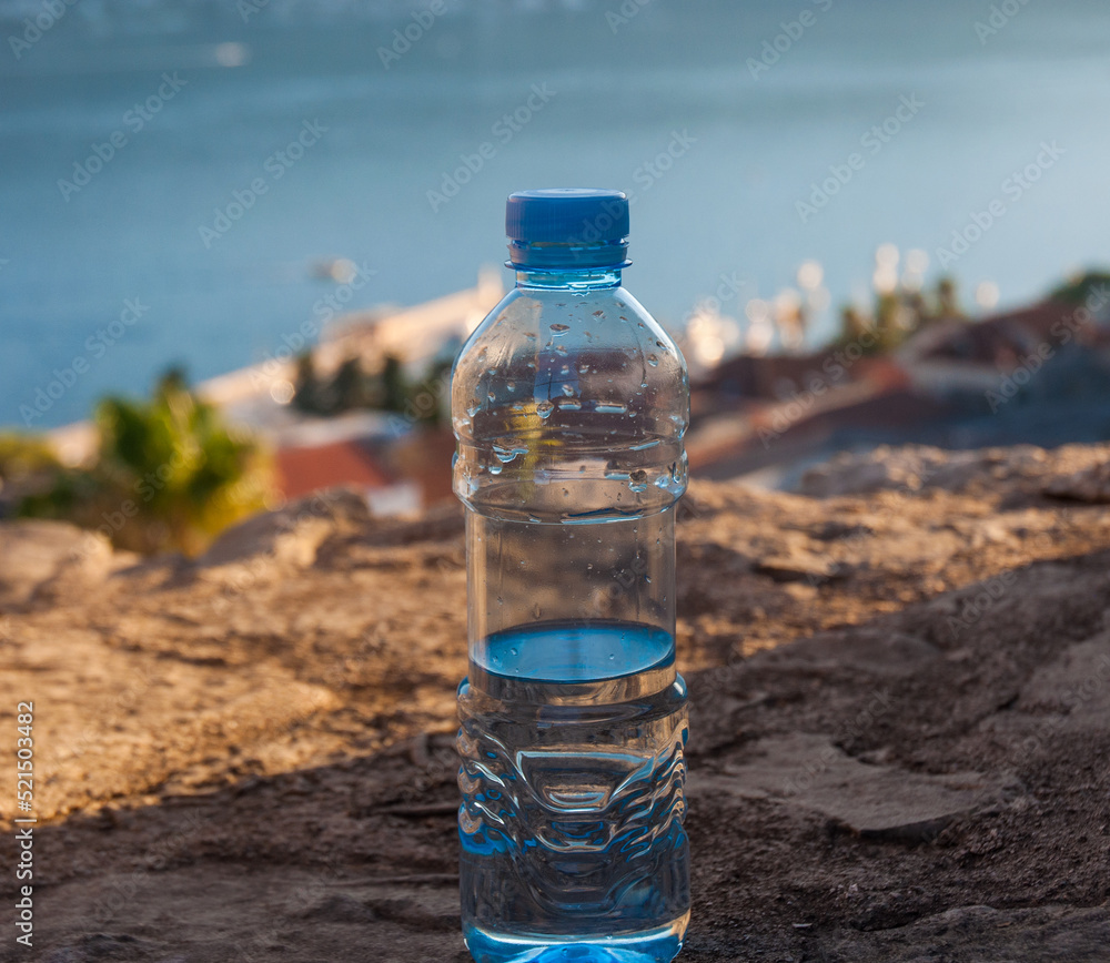 A plastic bottle of water is on the stone wall. A plastic bottle of water is on the stone wall.