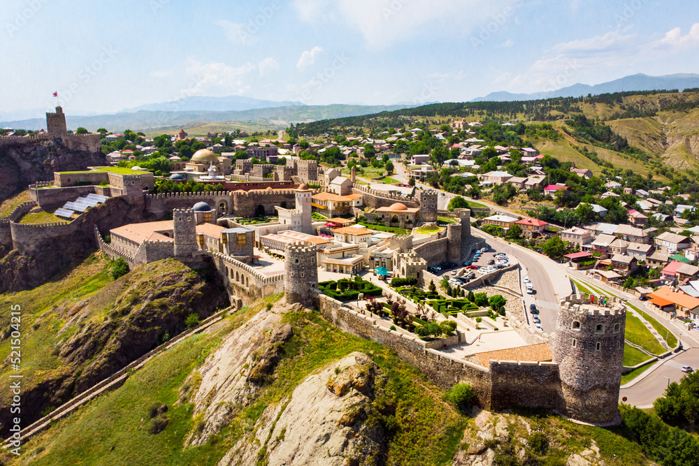 Aerial fly over Akhaltsikhe Castle in Georgia. This is a medieval fortress built in the IX century