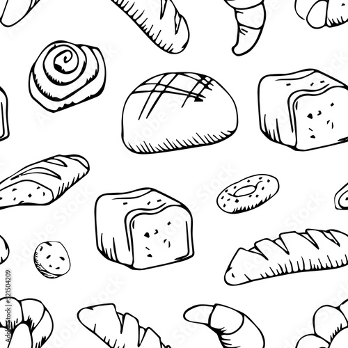bread outline pattern. Drawing rye, whole grain and wheat bread, pretzel, muffin, pita bread, ciabatta, croissant, bagel, toast bread, French baguette for bakery menu decoration. Vector illustration.