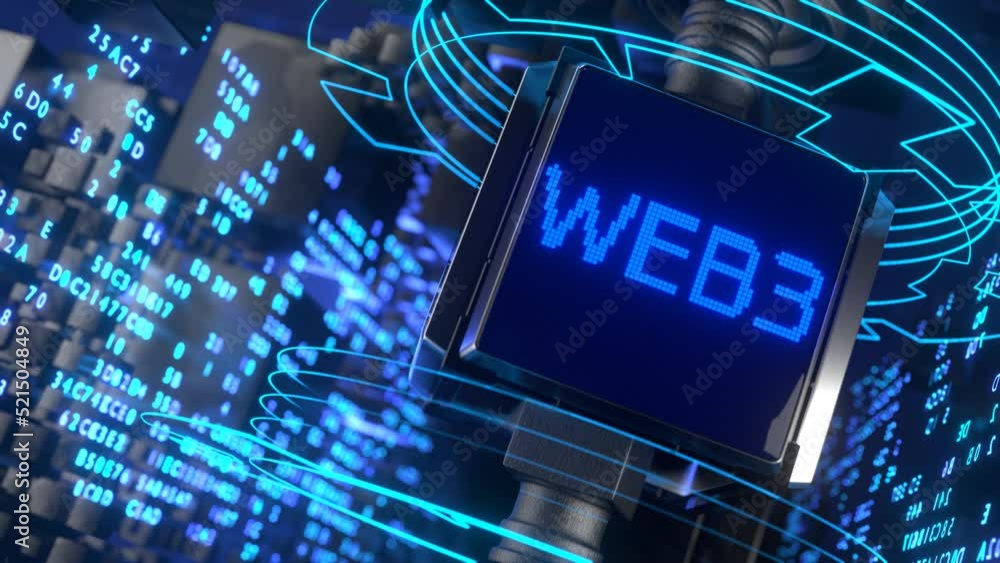 Rotate the screen with the inscription web 3. The concept of decentralized internet. Web 3 technology concept. Seamless animation.