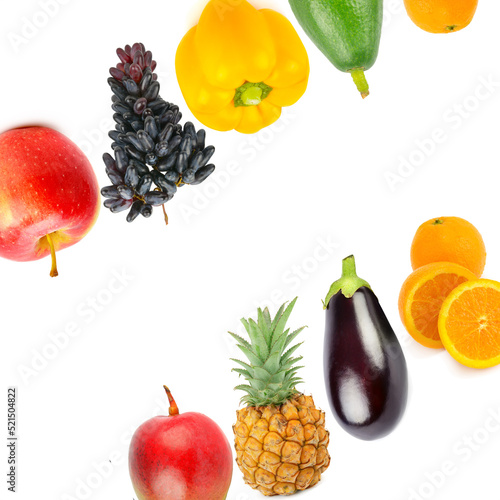 Fototapeta Naklejka Na Ścianę i Meble -  Set of vegetables and fruits isolated on white. Creative frame with place for text. Collage.