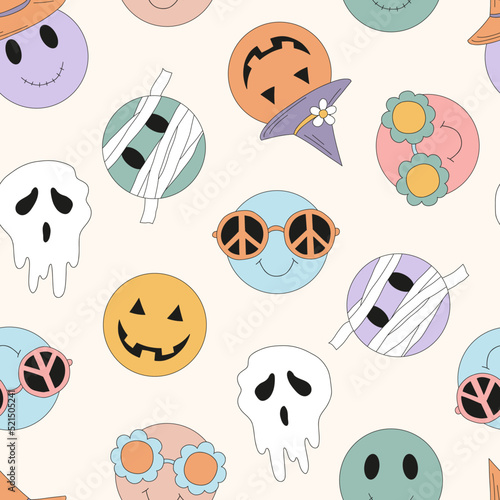 Retro 70s 60s Hippie Groovy Halloween Smiley Face vector seamless pattern. Funny spooky background. Ghost pumpkin zombie hippy mummy emotional icons surface design.
