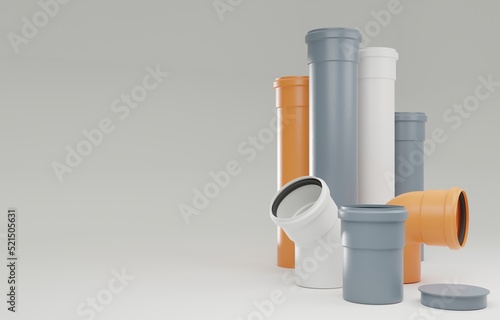 Exhibition composition with sewer and drainpipes. Gutter pipes for domestic and industrial use. Background for presentation or advertising banner. 3d rendering.