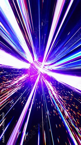 3D rendered vertical animation of high speed colorful lights flying through the galaxy photo