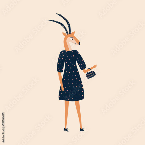 Pretty antelope girl in a blue dress with a handbag hand drawn vector illustration. Funny animal character in flat style for kids alphabet. The letter "A".