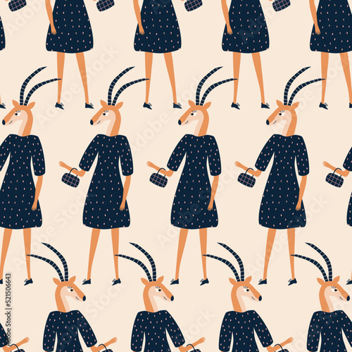 Fashionable antelope girl in a dress with a handbag hand drawn vector illustration. Funny animal character in clothes seamless pattern for kids fabric or wallpaper.