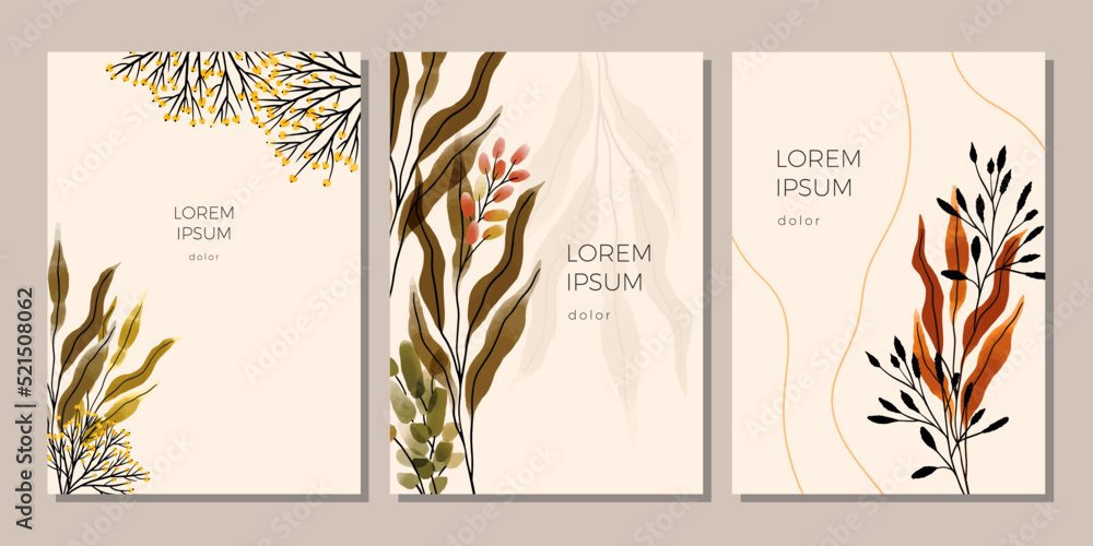 Set of autumn template. Cover, poster, placard, banner with watercolor leaves, branches, berries on beige background
