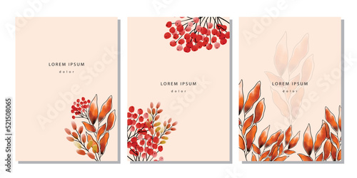 Set of autumn template. Cover, poster, placard, banner with watercolor leaves, branches, berries, viburnum, rowan on beige background