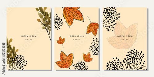 Set of autumn template. Cover, poster, placard, banner with watercolor leaves, branches, black berries, maple on beige background