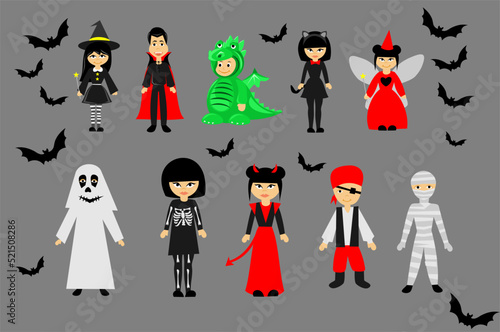 Set of kids wearing halloween costumes. Children. Halloween party. Costume ideas. 