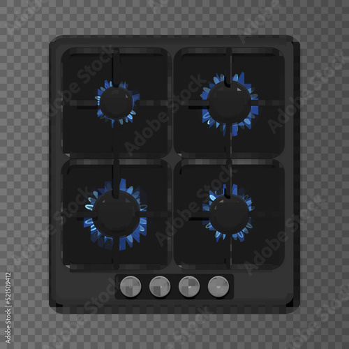 Burning gas, gas stove burner, hob in the kitchen. Vector illustration. Eps 10.