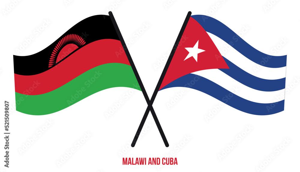 Malawi and Cuba Flags Crossed And Waving Flat Style. Official Proportion. Correct Colors.