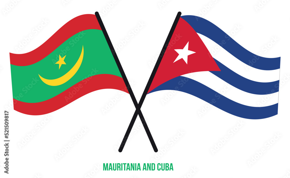 Mauritania and Cuba Flags Crossed And Waving Flat Style. Official Proportion. Correct Colors. Mauritania and Cuba Flags Crossed And Waving Flat Style. Official Proportion. Correct Colors.