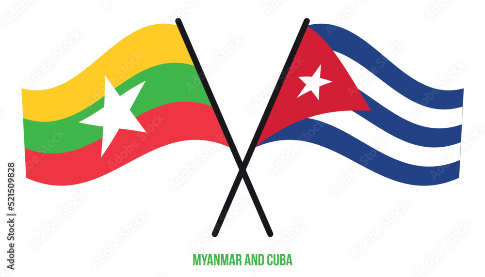 Fototapeta premium Myanmar and Cuba Flags Crossed And Waving Flat Style. Official Proportion. Correct Colors.