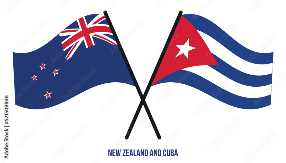 New Zealand and Cuba Flags Crossed And Waving Flat Style. Official Proportion. Correct Colors.