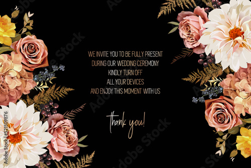 Elegant dark frame, arranged leaves and flowers. Burnt orange garden rose, white dahlia, caramel hydrangea