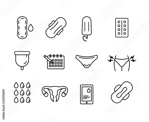 Menstrual Period Icon Set. Female Menstruation Cycle flat fector illustration.