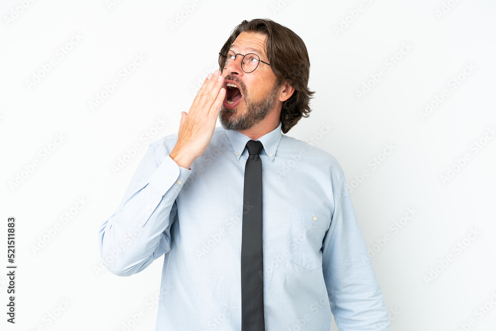 Senior dutch business man isolated on white background yawning and covering wide open mouth with hand Senior dutch business man isolated on white background yawning and covering wide open mouth with hand