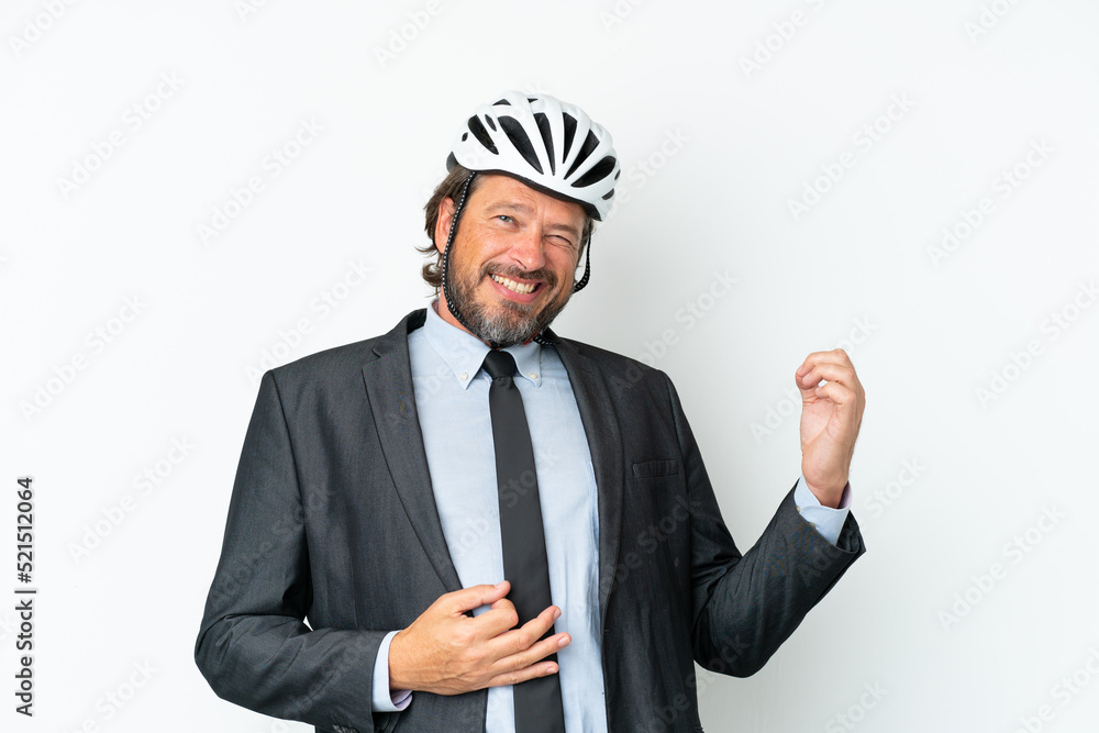 Business senior man with a bike helmet isolated on white background making guitar gesture Business senior man with a bike helmet isolated on white background making guitar gesture