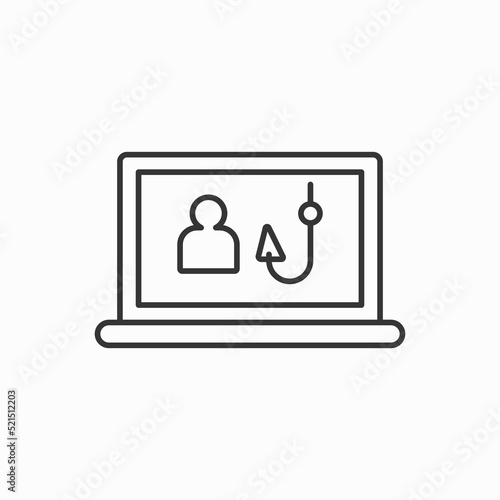 Editable line icon of a fishing hook on a computer desktop screen with personal data cyber crime for identity theft by phishing for private data. Data Phishing, Hacker Attack Prevention Vector Concept
