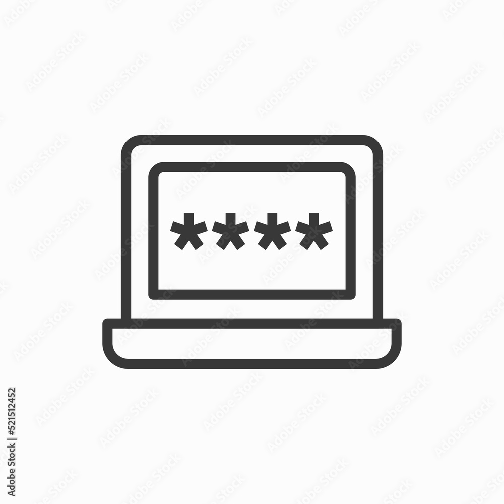Password concept on laptop screen. Laptop with password secure notification. icon vector illustration isolated on white, concept of security, personal access, user authorization, login form icon Password concept on laptop screen. Laptop with password secure notification. icon vector illustration isolated on white, concept of security, personal access, user authorization, login form icon