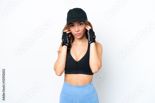 Young caucasian woman isolated on white background listening music and looking to the front