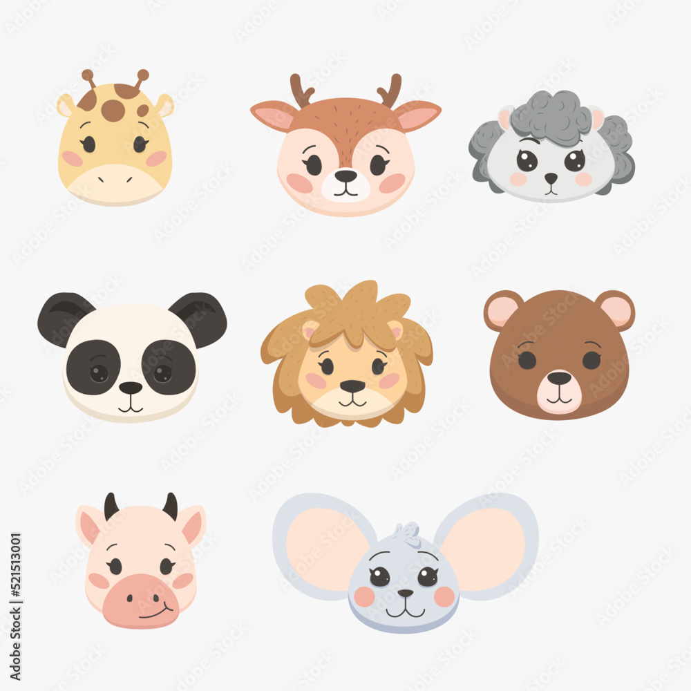 Set of cute vector animals such as lion, deer. bear, giraffe, panda, cow, mouse on white background