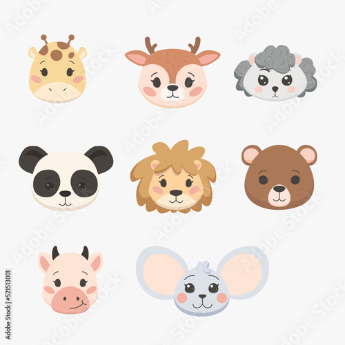 Fototapeta Naklejka Na Ścianę i Meble -  Set of cute vector animals such as lion, deer. bear, giraffe, panda, cow, mouse on white background
