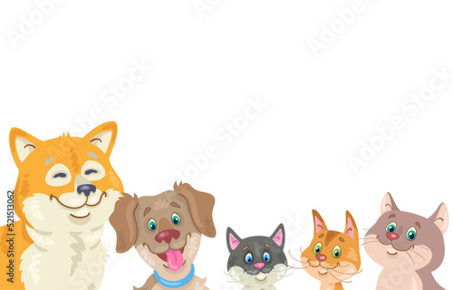 Cute dogs and cats. Template for banner or postcard in cartoon style. Isolated on white background. Place for your text. Vector flat illustration. © Shvetsova Yulia