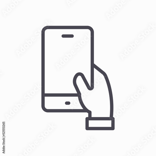 Mobile Phone Line Icon. Hand holding smartphone. Smartphone with white screen vector
